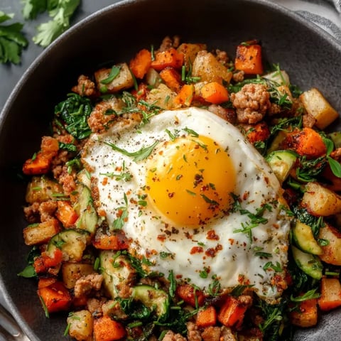 Un bol garni de pommes de terre, oignons, pois chiches, courgettes et oignons.