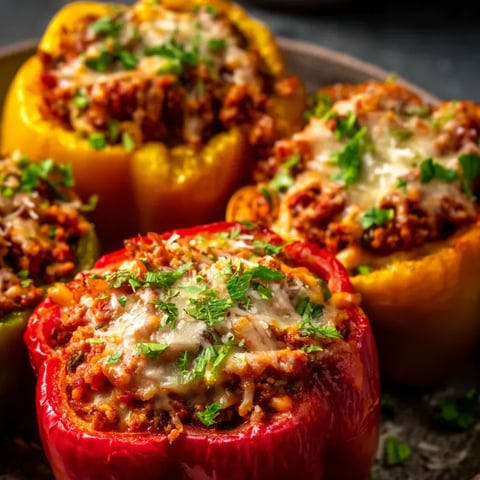 Un poivron rouge farci à la dinde et recouvert de fromage gratiné