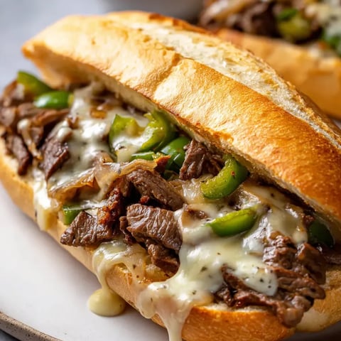Un sandwich avec steak, poivrons et sauce posé sur une assiette.