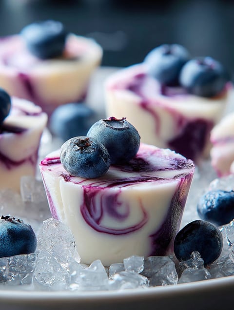 Petites bouchées de myrtilles sur une assiette blanche.