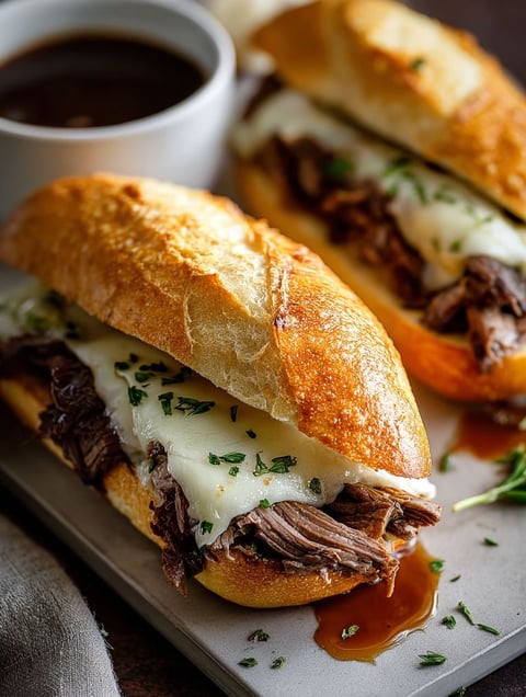 Deux sandwiches dip boeuf avec fromage et sauce.