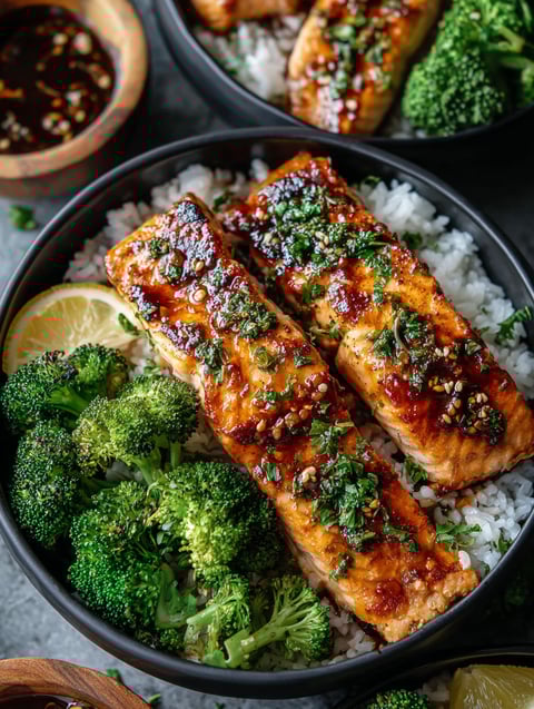 Un bol avec saumon, brocoli et riz.