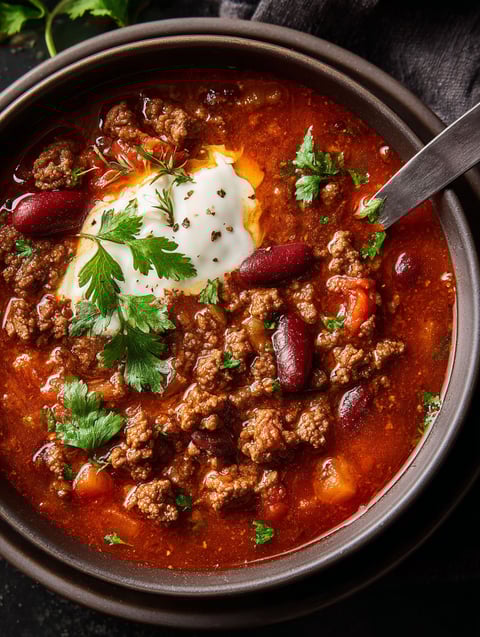 Un bol de soupe chili au boeuf haché.