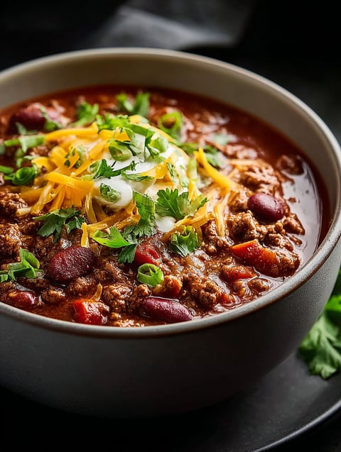 Un bol de chili avec du fromage et des ciboulettes dessus.