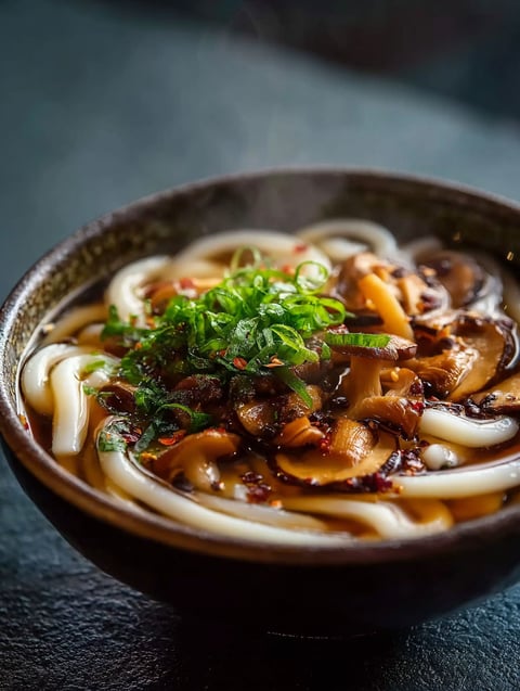 Un bol de soupe avec champignons et nouilles.
