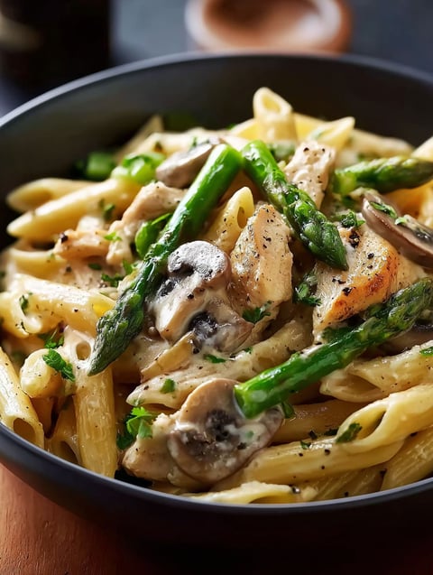 Un bol de penne crémeux au poulet, asperges et champignons.