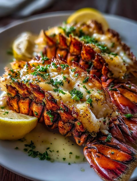 Queues de langoustes grillées avec sauce beurre ail citron.