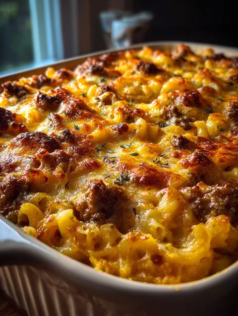 Plat gratiné garni de viande et fromage.