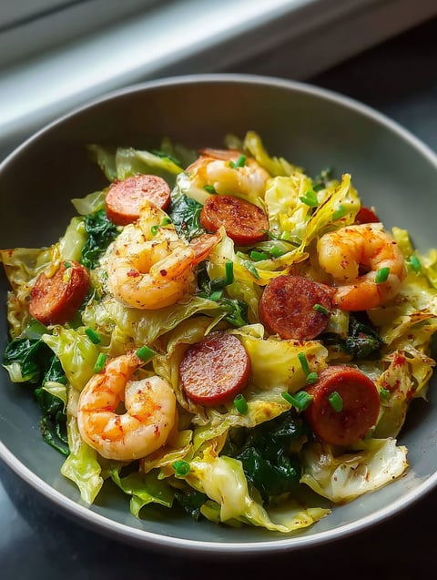 Bol avec crevettes, saucisse et chou