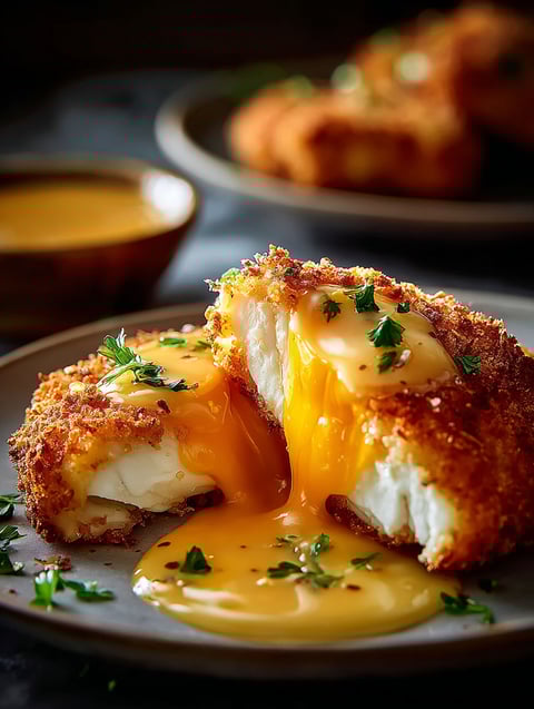 Assiette de poulet cheddar croustillant avec sauce.