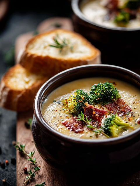 Un bol de soupe brocoli cheddar avec un bout de pain à côté.