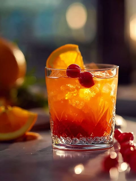 Un verre de Tequila Sunset avec une tranche d’orange et une cerise sur le dessus.