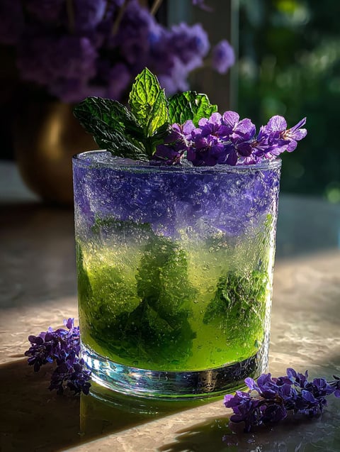 Un verre de mojito lavande sans alcool.