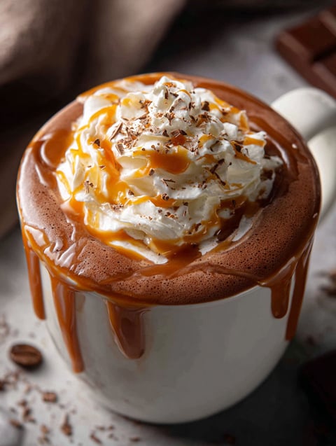 Une tasse de chocolat chaud au caramel salé.