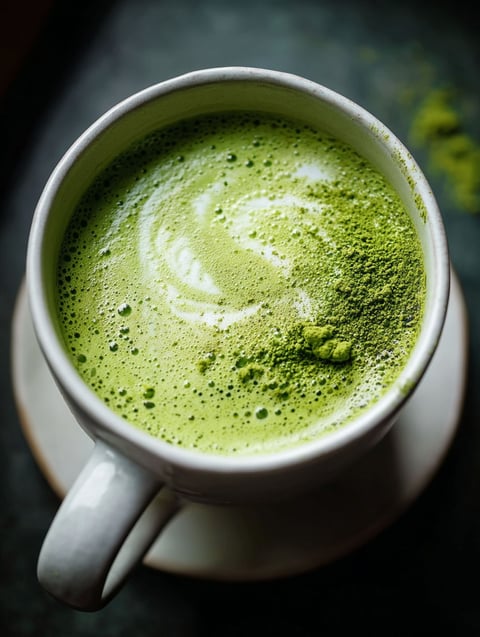 Tasse de latte au thé vert avec feuilles de thé vert dedans.