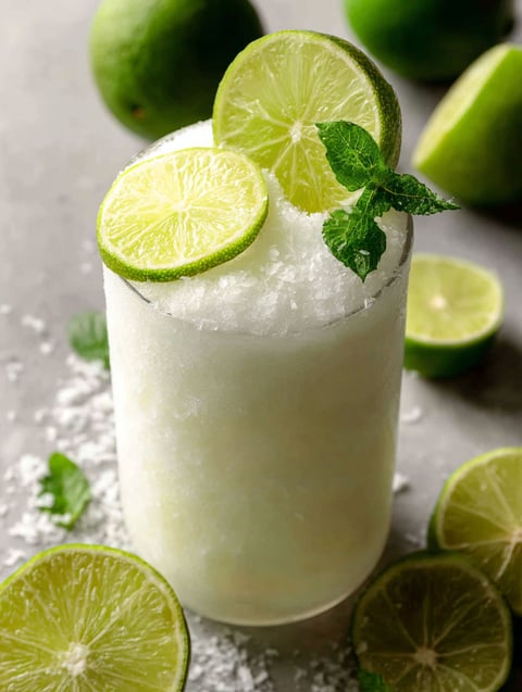 Un verre de thé vert garni de tranches de citron vert.