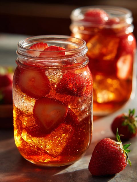 Un verre de limonade à la fraise avec des fraises dedans.
