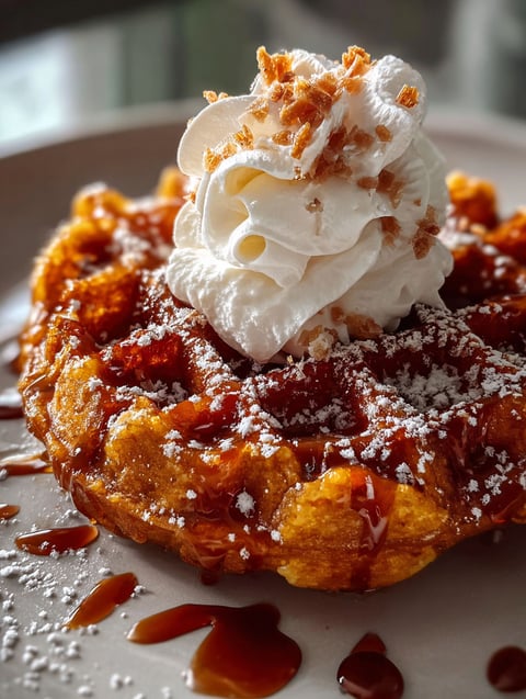Une assiette de gaufres moelleuses au gingembre avec une touche de crème fouettée dessus.