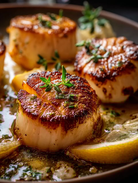 Noix Saint-Jacques poêlées avec sauce citron beurre.