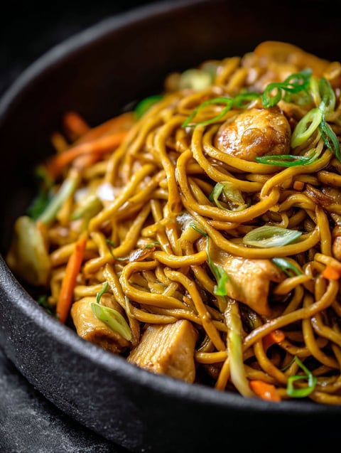 Un bol de nouilles lo mein avec poulet et légumes.