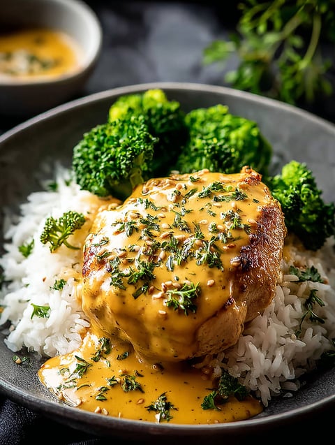 Une assiette de riz et poulet nappé de sauce.