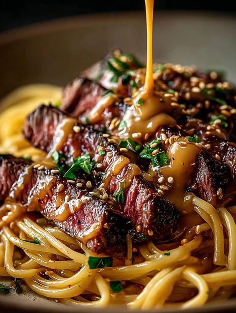 Gros plan sur un steak délicieux au beurre ail avec des nouilles éclairs.