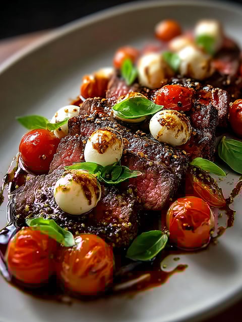 Un steak flanc grillé avec du fromage et des tomates.