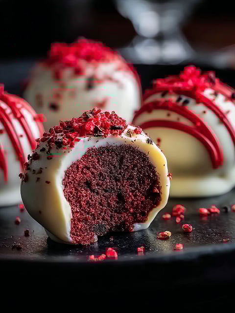 Cake pops velvet rouge sur une assiette noire.