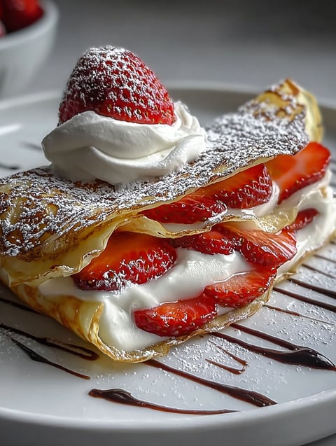 Une crêpe aux fraises avec crème fouettée et fraises fraîches dessus.