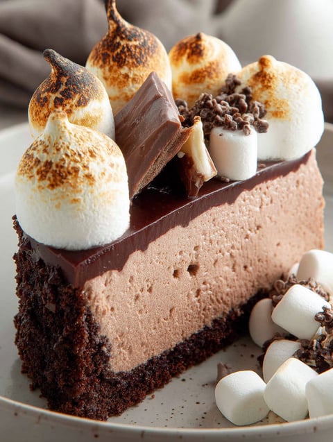 Part de cheesecake au chocolat chaud avec des marshmallows dessus.