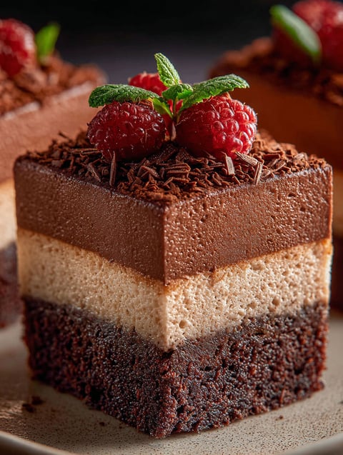 Part de brownies garnie de mousse au chocolat avec des framboises dessus.