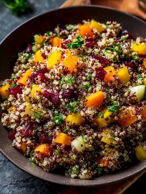 Un bol de salade de quinoa avec plusieurs fruits et légumes.