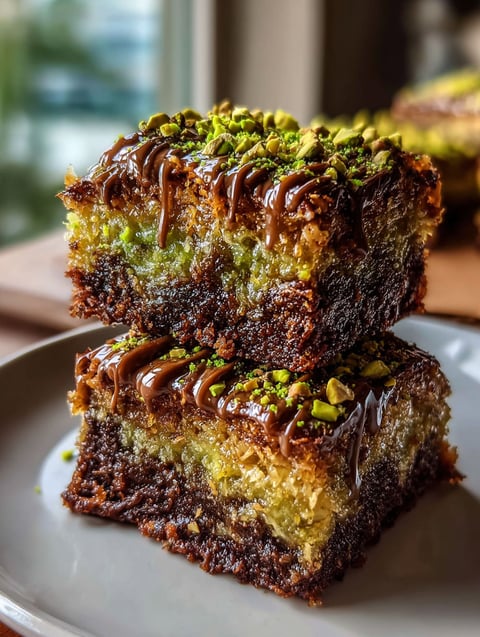 Une part de brownies au kunafa et pistache.