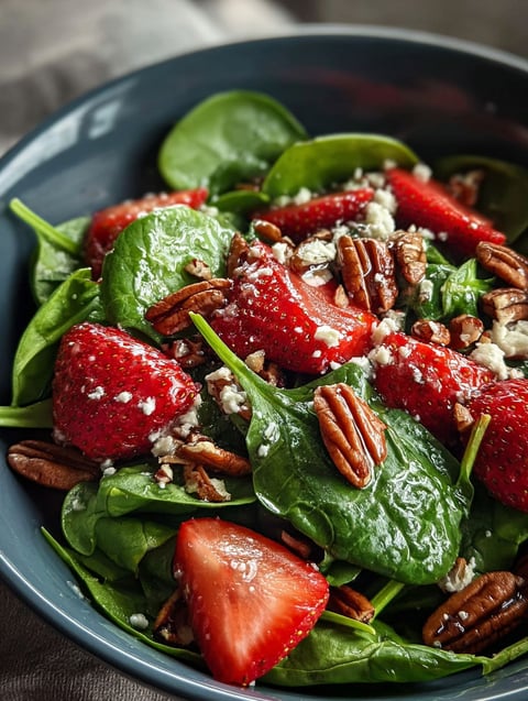 Un bol de salade fraises épinards avec noix.