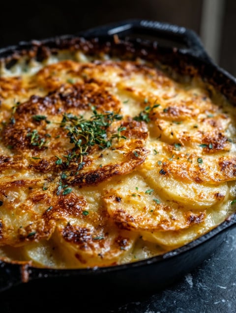 Un gratin de pommes de terre dans une cocotte noire.