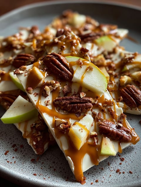Gros plan sur une bark pommes caramel.