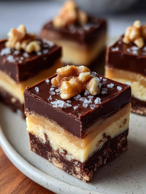 Carré de gâteau au chocolat avec noix sur le dessus.