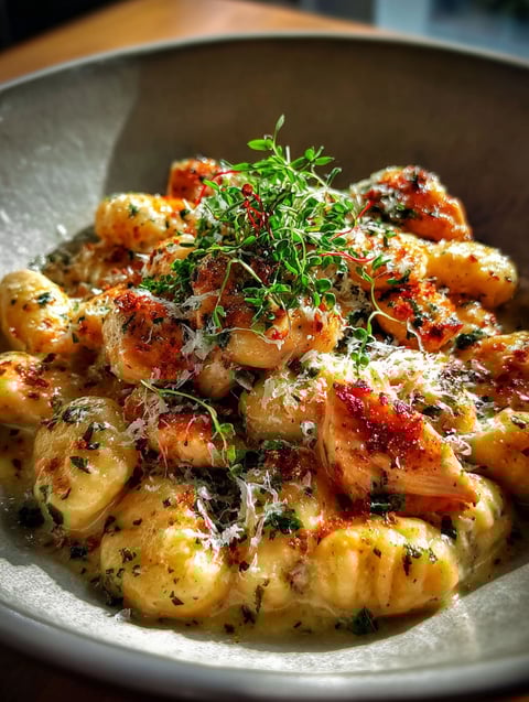 Un bol de gnocchis poulet asiago.