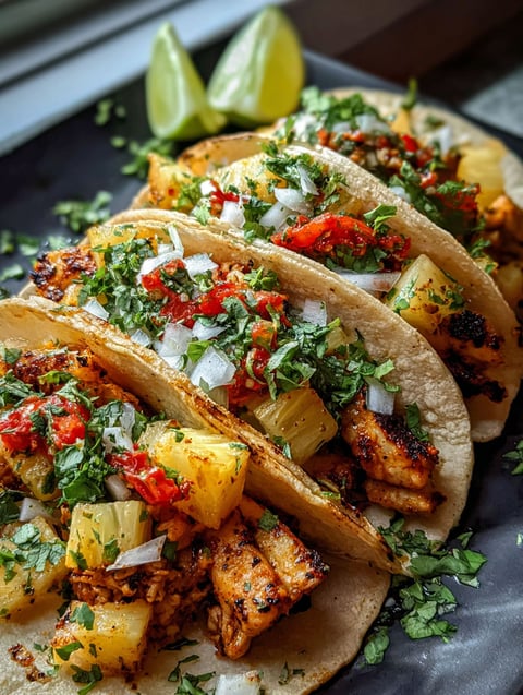 Assiette de tacos au poulet et ananas.