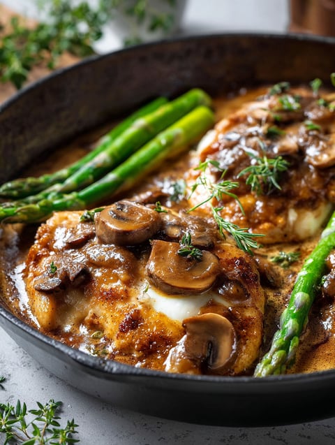 Poulet Madeira avec champignons et asperges