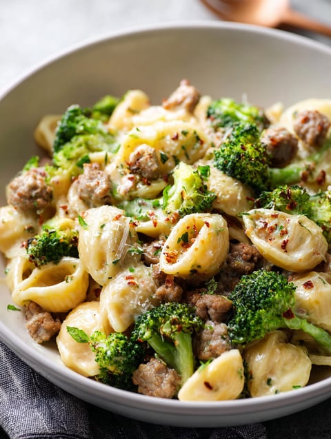 Un bol de pâtes avec saucisse et brocoli.