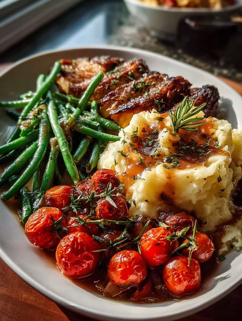 Une assiette avec des haricots verts et des tomates rôtis.