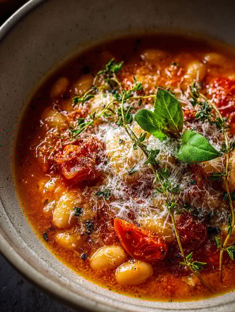 Un bol de soupe avec tomates, haricots et fromage Parmesan.