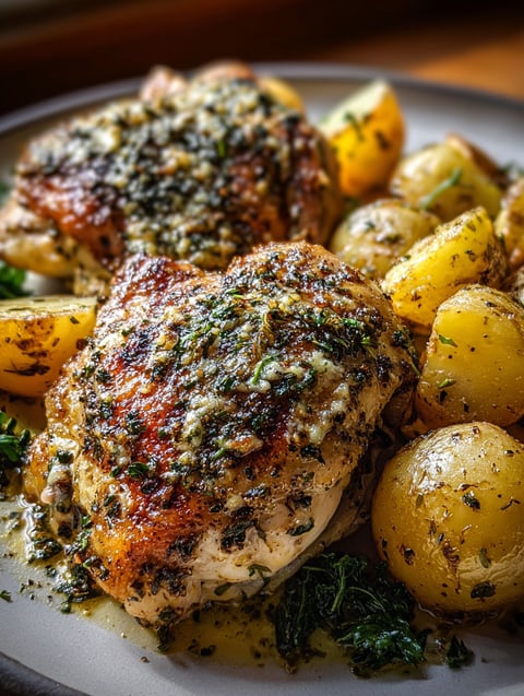 Une assiette de poulet et pommes de terre avec ail et Parmesan.
