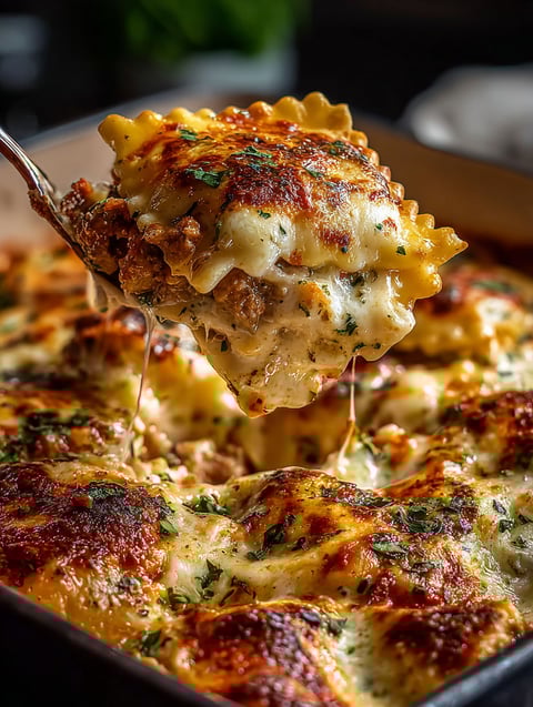 Une cuillère dans un plat rempli de pâtes et viande.