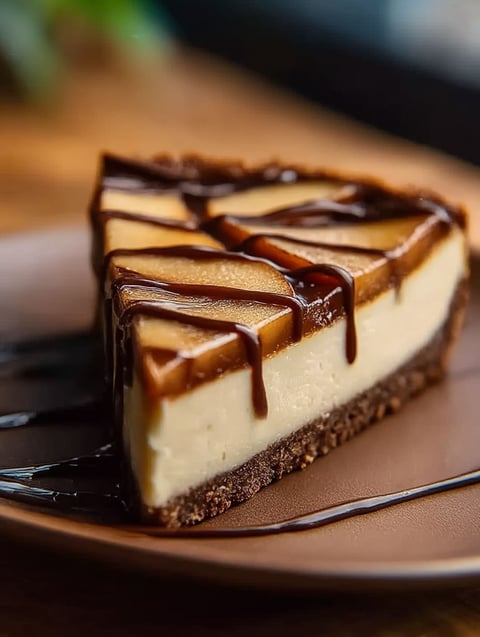 Une part de cheesecake au beurre de pomme avec un filet de chocolat.