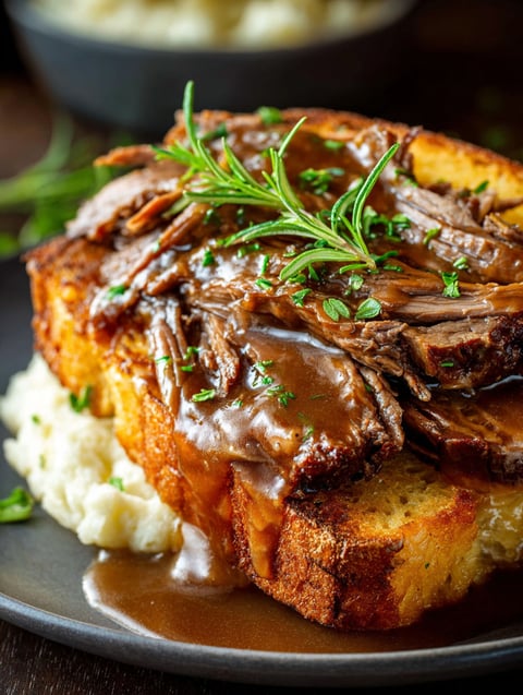 Gros plan d’un sandwich Manhattan au boeuf.