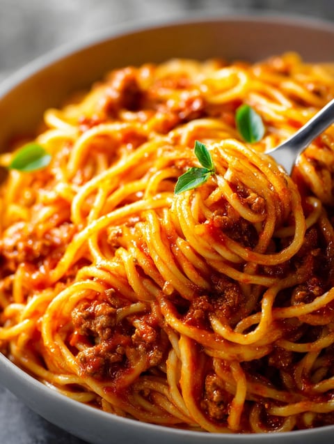 Un bol de spaghetti avec sauce viande.