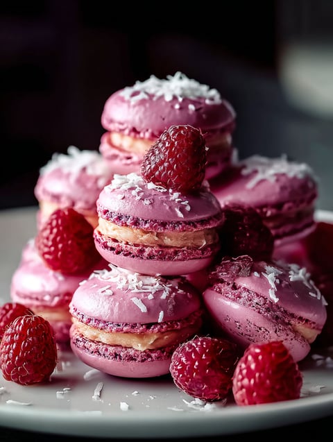 Une pile de macarons roses avec dessus de la noix de coco blanche et une fraise posée dessus.