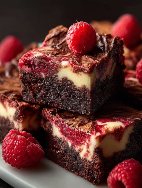 Gros plan d'un dessert chocolaté avec des framboises dessus.